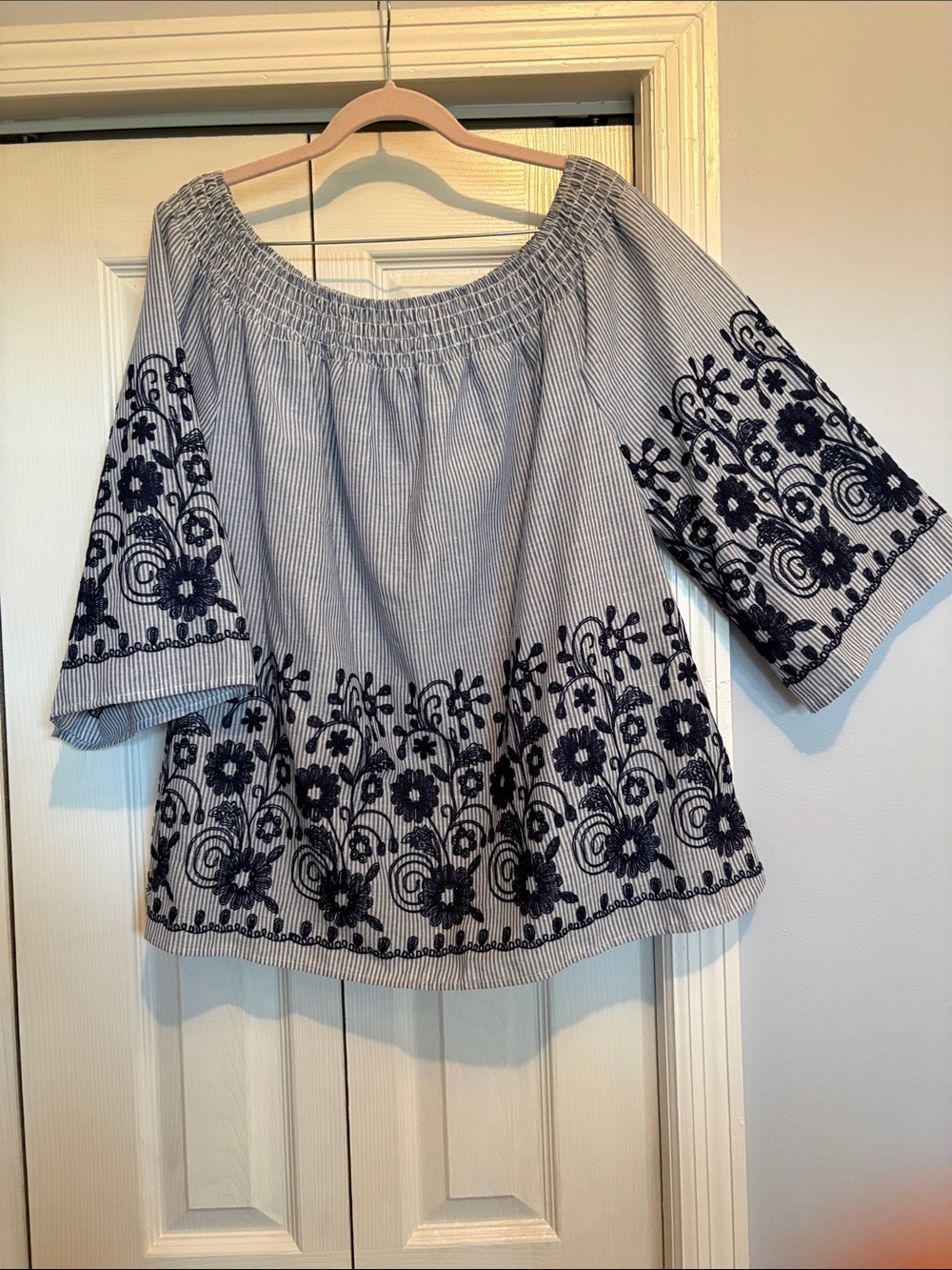 Off-Shoulder Embroidered Peasant Top - Navy/White Stripes w/ Floral Embroidery